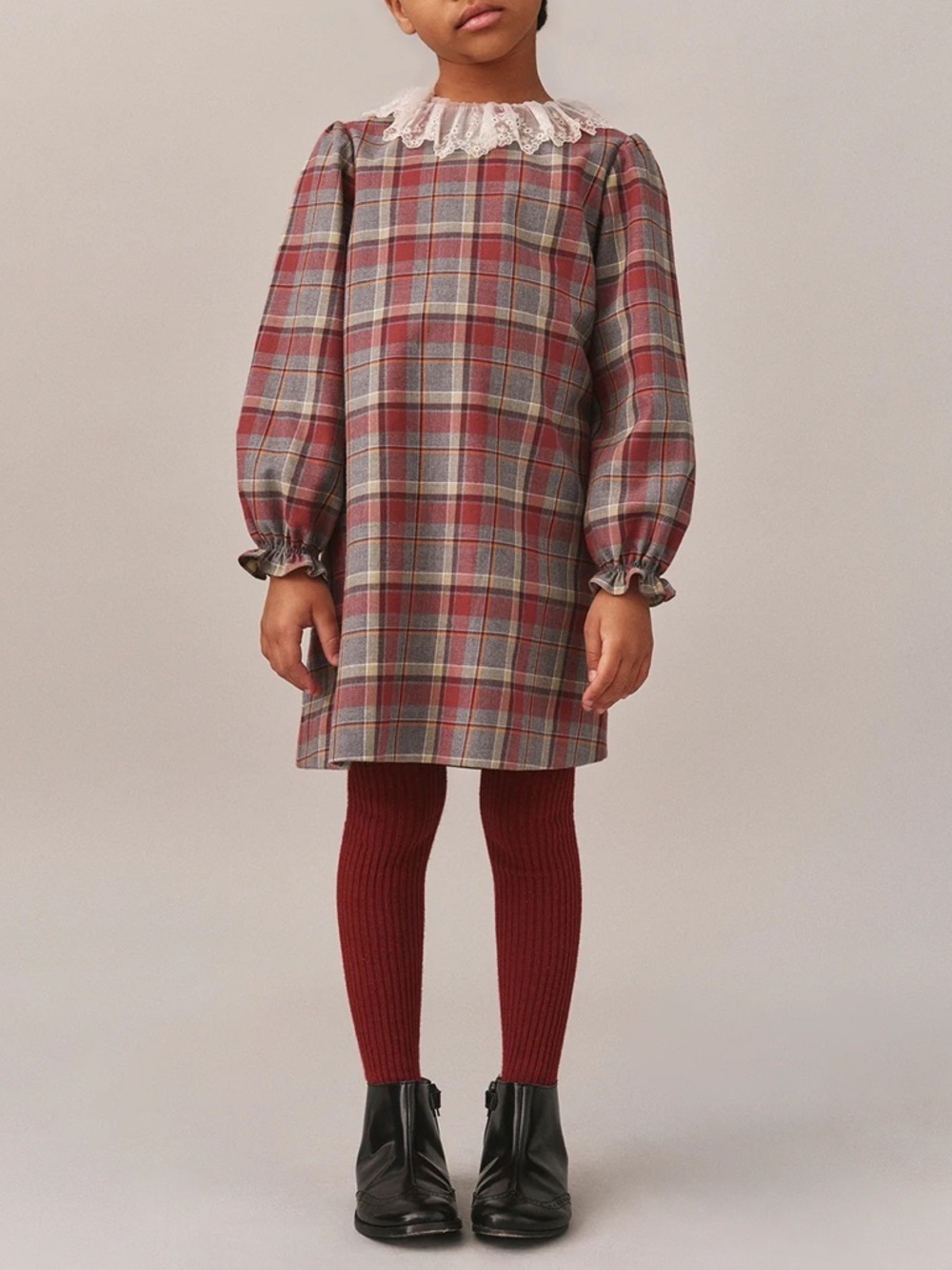 NWT Bonpoint Gray and Red Plaid Dress with Lace Trime Collar Detail